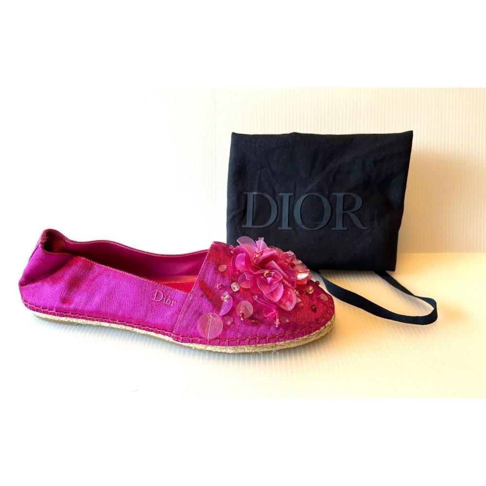 Dior Dark Hot Pink Espadrille Flats W/ Floral Beading, Size 8.5 US 39.5 EU NWOB!